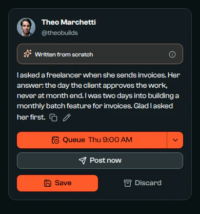 A post written from scratch, about a freelancer who sends invoices the day the client approves the work.