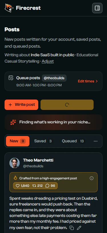 The Posts page mid-run: a spinner on the Generate button and a banner reading "Finding what's working in your niche".