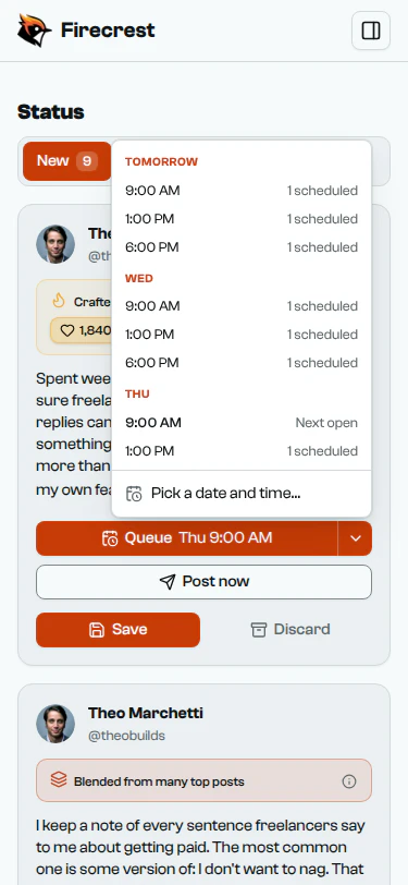 A post's posting-time menu, listing the next slots by day and how many posts each one already holds.